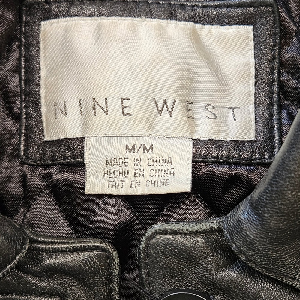 Nine West Womens Black Genuine Leather Button Front Quilted Lined Car Coat Med - Picture 2 of 10